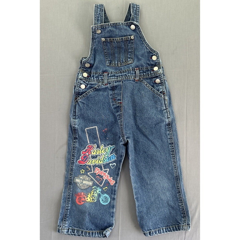 Vintage Harley Davidson Kids Overalls Denim Size 4T Colorful Jumpsuit